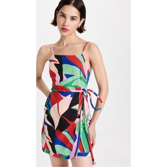 Farm Rio Colorful Monstera Mini Dress Wrap Linen Small Boho Vacay Beachy New - Picture 1 of 16